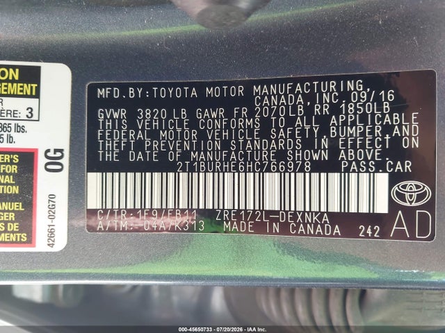 2017 Toyota Corolla Le მანქანა იყიდება აუქციონზე, vin: 2T1BURHE6HC766978, აუქციონის ნომერი: 45650733