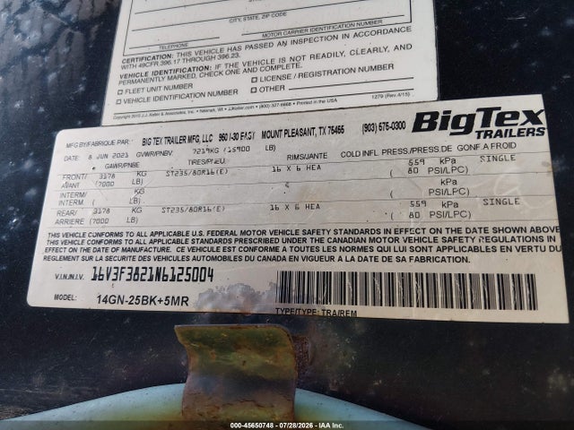 Продажа на аукционе авто 2022 Big Tex Trailer Co Inc Flatbed Gooseneck, vin: 16V3F3821N6125004, номер лота: 45650748