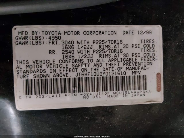Aukcja sprzedaży 2000 Lexus Rx 300, vin: JT6HF10U9Y0121610, numer aukcji: 45650750