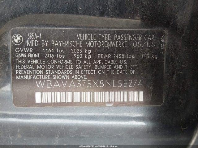 45650753 :رقم المزاد ، WBAVA375X8NL55274 vin ، 2008 Bmw 328i مزاد بيع