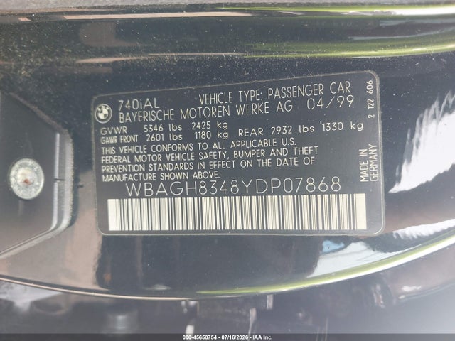 2000 Bmw 740il მანქანა იყიდება აუქციონზე, vin: WBAGH8348YDP07868, აუქციონის ნომერი: 45650754