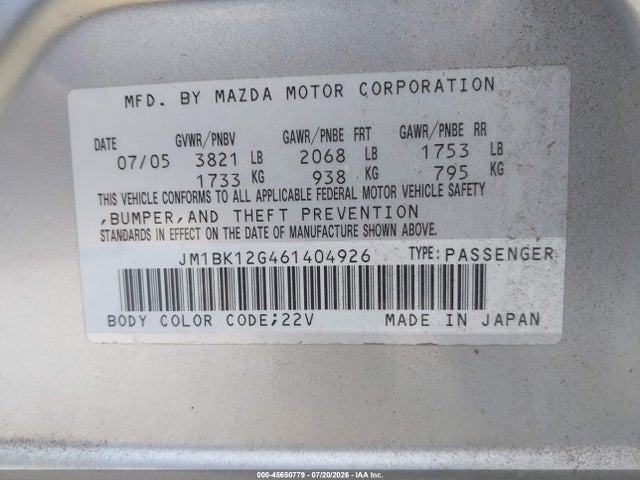 2006 Mazda Mazda3 I მანქანა იყიდება აუქციონზე, vin: JM1BK12G461404926, აუქციონის ნომერი: 45650779