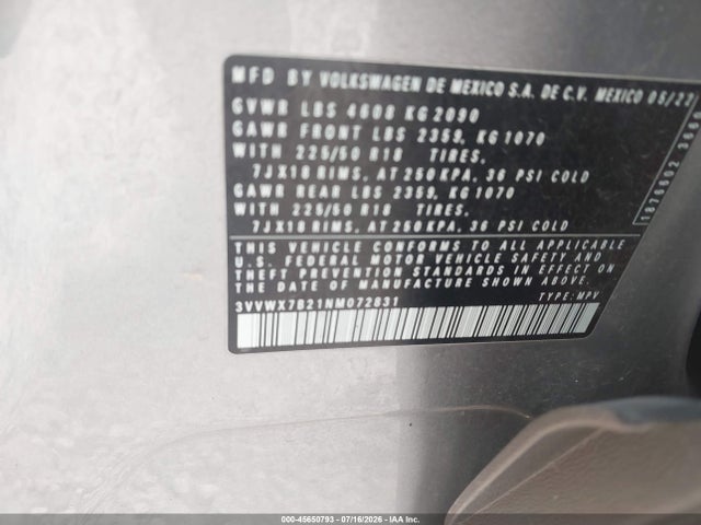 Продажа на аукционе авто 2022 Volkswagen Taos 1.5t Se, vin: 3VVWX7B21NM072831, номер лота: 45650793
