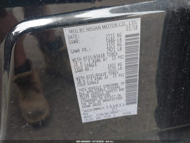 45650803 :رقم المزاد ، 5N1DL0MM6JC531611 vin ، 2018 Infiniti Qx60 مزاد بيع