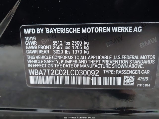Продажа на аукционе авто 2020 Bmw 740i, vin: WBA7T2C02LCD30092, номер лота: 45650810