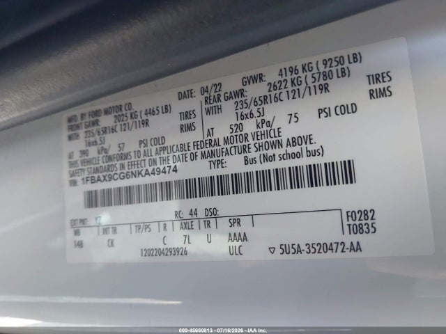 Продаж на аукціоні авто 2022 Ford Transit-350 Passenger Van Xl/xlt, vin: 1FBAX9CG6NKA49474, номер лоту: 45650813