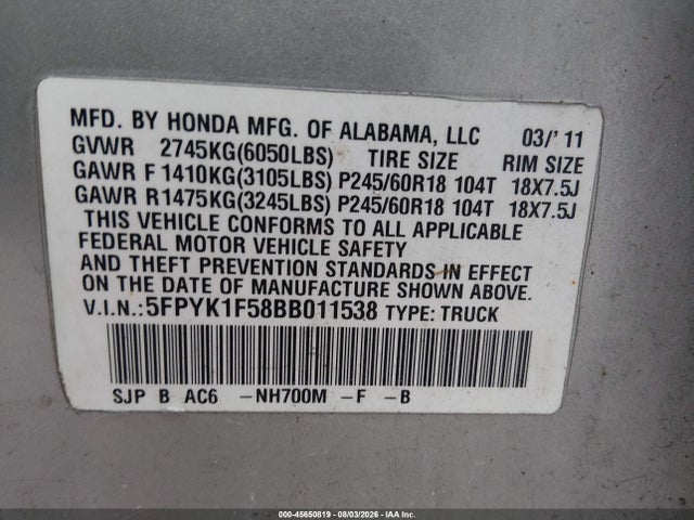 Продаж на аукціоні авто 2011 Honda Ridgeline Rtl, vin: 5FPYK1F58BB011538, номер лоту: 45650819