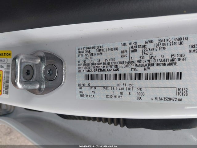 1FMCU9F63MUA61645 Ford ESCAPE S