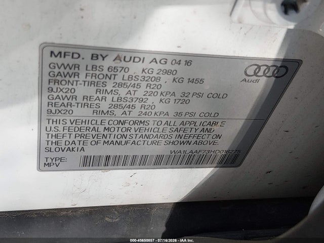 45650857 :رقم المزاد ، WA1LAAF73HD016275 vin ، 2017 Audi Q7 3.0t Premium مزاد بيع
