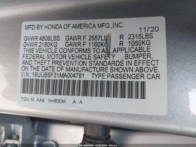 45650866 :رقم المزاد ، 19UUB5F31MA004781 vin ، 2021 Acura Tlx Standard مزاد بيع
