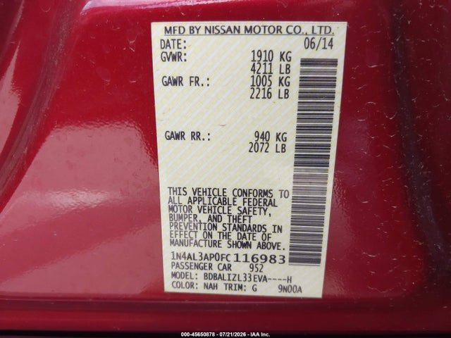 1N4AL3AP0FC116983 Nissan Altima 2.5 Sv