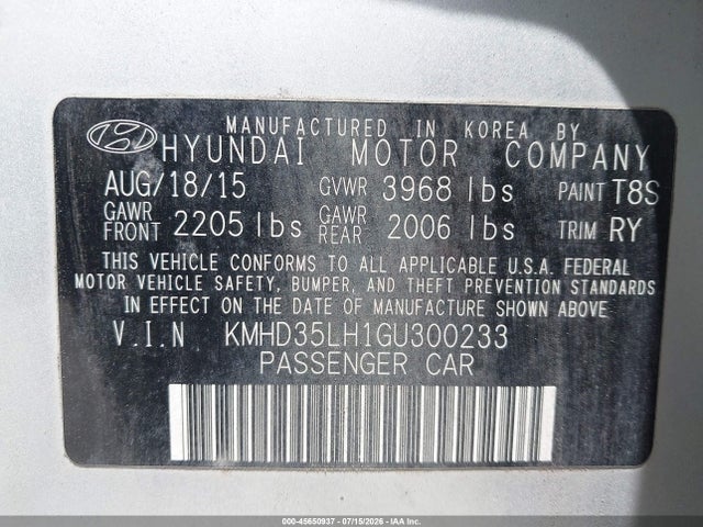 Aukcja sprzedaży 2016 Hyundai Elantra Gt, vin: KMHD35LH1GU300233, numer aukcji: 45650937