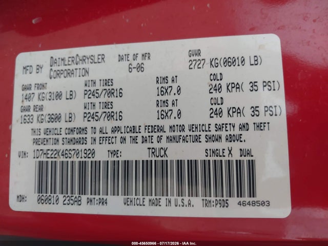 Продаж на аукціоні авто 2006 Dodge Dakota St, vin: 1D7HE22K46S701920, номер лоту: 45650966