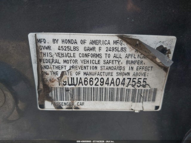 Продаж на аукціоні авто 2004 Acura Tl, vin: 19UUA66294A047555, номер лоту: 45650980