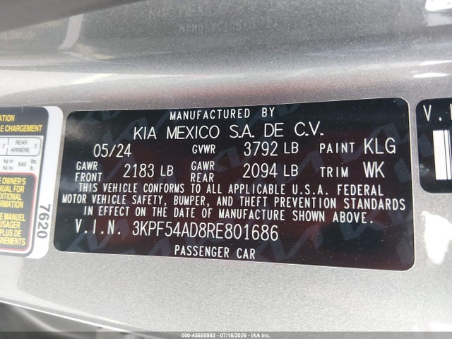 Aukcja sprzedaży 2024 Kia Forte Gt-line, vin: 3KPF54AD8RE801686, numer aukcji: 45650992