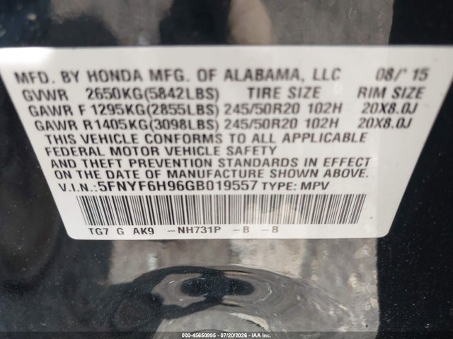 Honda Pilot Touring 2016 5FNYF6H96GB019557 Image 9