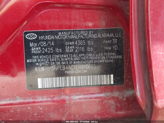 Aukcja sprzedaży 2014 Hyundai Sonata Gls, vin: 5NPEB4AC1EH910685, numer aukcji: 45651002