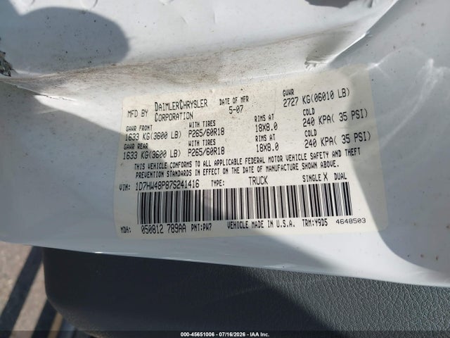 Продажа на аукционе авто 2007 Dodge Dakota Slt, vin: 1D7HW48P87S241416, номер лота: 45651006