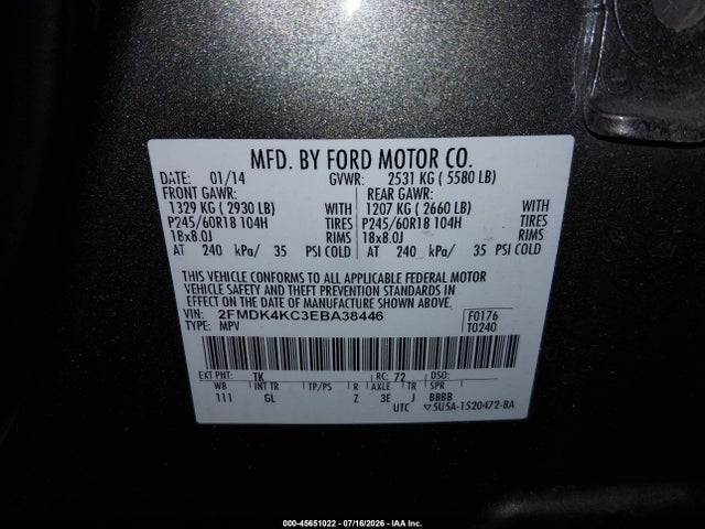 45651022 :رقم المزاد ، 2FMDK4KC3EBA38446 vin ، 2014 Ford Edge Limited مزاد بيع