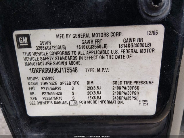 Aukcja sprzedaży 2006 Gmc Yukon Xl Denali, vin: 1GKFK66U96J175548, numer aukcji: 45651021