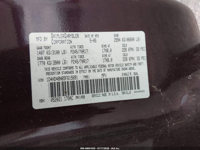 Продажа на аукционе авто 2005 Dodge Durango Slt, vin: 1D4HD48N65F615691, номер лота: 45651030