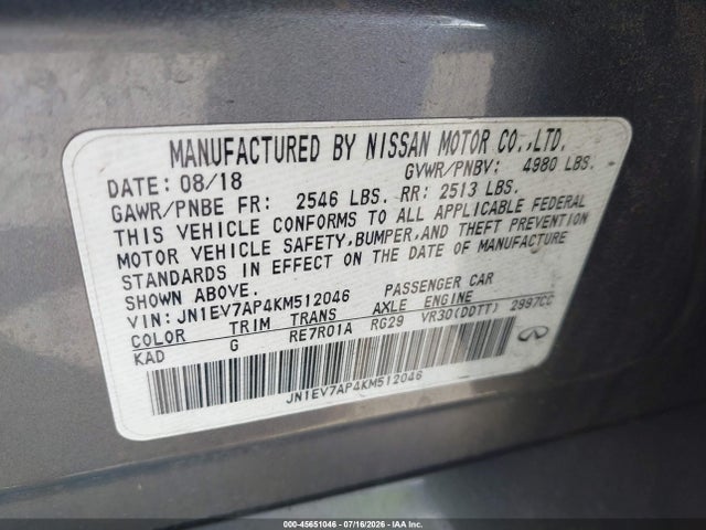 Продаж на аукціоні авто 2019 Infiniti Q50 3.0t Sport, vin: JN1EV7AP4KM512046, номер лоту: 45651046