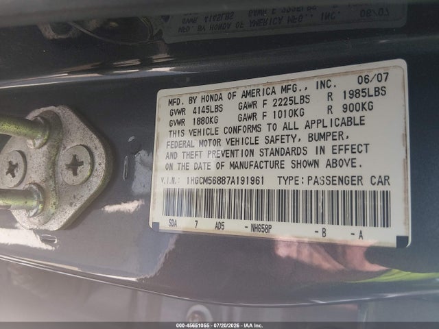 45651055 :رقم المزاد ، 1HGCM56887A191961 vin ، 2007 Honda Accord 2.4 Ex مزاد بيع