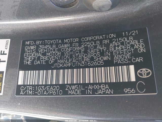 JTDKAMFU1N3162605 Toyota PRIUS XLE