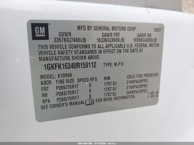Продаж на аукціоні авто 2008 Gmc Yukon Xl 1500 Slt, vin: 1GKFK16348R159112, номер лоту: 45651068