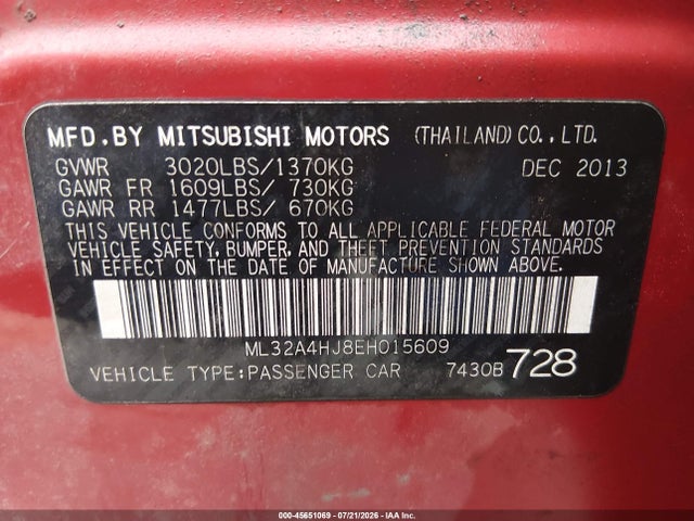Aukcja sprzedaży 2014 Mitsubishi Mirage Es, vin: ML32A4HJ8EH015609, numer aukcji: 45651069