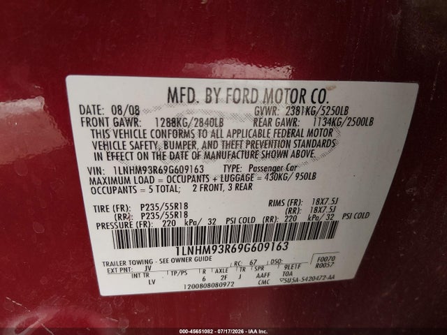 Продажа на аукционе авто 2009 Lincoln Mks, vin: 1LNHM93R69G609163, номер лота: 45651082