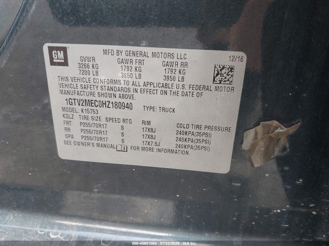 Aukcja sprzedaży 2017 Gmc Sierra 1500 Sle, vin: 1GTV2MEC0HZ180940, numer aukcji: 45651084