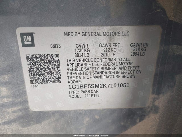 Продаж на аукціоні авто 2019 Chevrolet Cruze Lt, vin: 1G1BE5SM2K7101051, номер лоту: 45651087