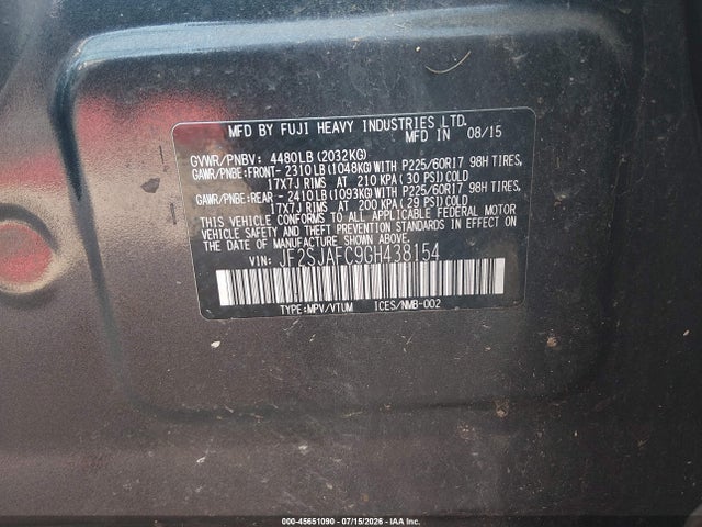 2016 Subaru Forester 2.5i Premium მანქანა იყიდება აუქციონზე, vin: JF2SJAFC9GH438154, აუქციონის ნომერი: 45651090