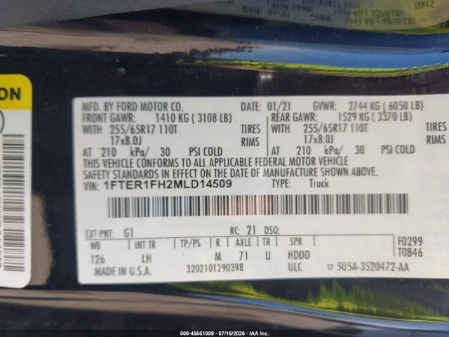 Aukcja sprzedaży 2021 Ford Ranger Xlt, vin: 1FTER1FH2MLD14509, numer aukcji: 45651099