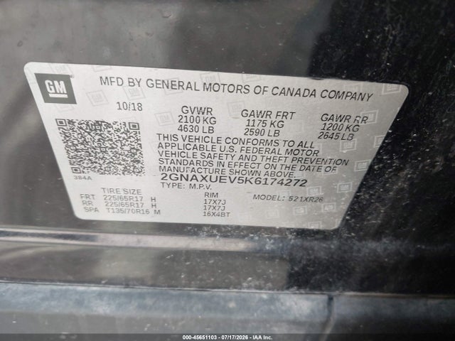 Продажа на аукционе авто 2019 Chevrolet Equinox Lt, vin: 2GNAXUEV5K6174272, номер лота: 45651103