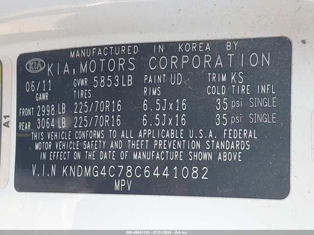 2012 Kia Sedona Lx მანქანა იყიდება აუქციონზე, vin: KNDMG4C78C6441082, აუქციონის ნომერი: 45651120