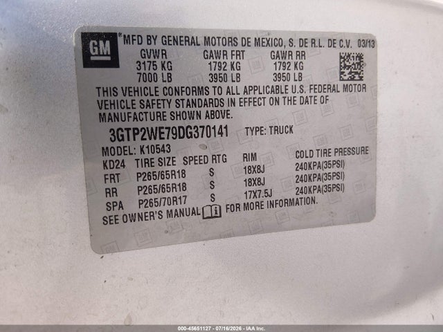 Aukcja sprzedaży 2013 Gmc Sierra 1500 Slt, vin: 3GTP2WE79DG370141, numer aukcji: 45651127