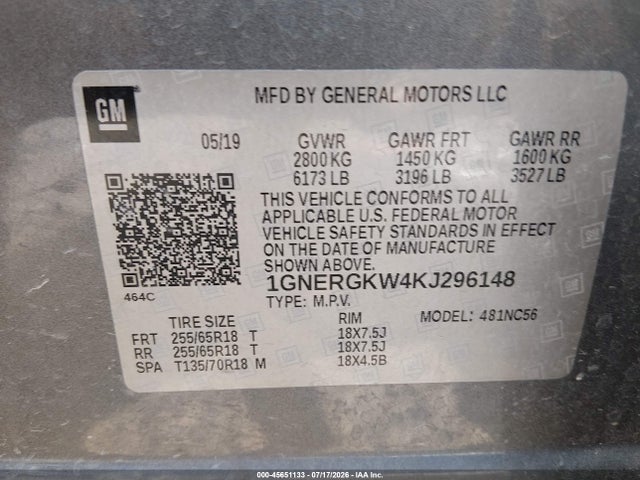 Продаж на аукціоні авто 2019 Chevrolet Traverse 1lt, vin: 1GNERGKW4KJ296148, номер лоту: 45651133