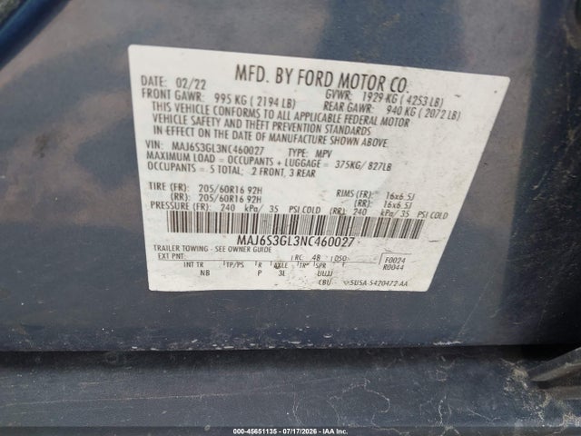 Продаж на аукціоні авто 2022 Ford Ecosport Se, vin: MAJ6S3GL3NC460027, номер лоту: 45651135