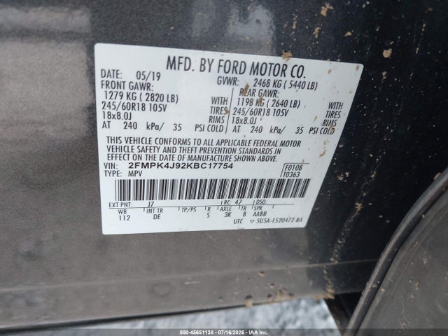 2019 Ford Edge Sel მანქანა იყიდება აუქციონზე, vin: 2FMPK4J92KBC17754, აუქციონის ნომერი: 45651138