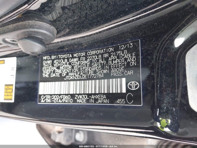 45651153 :رقم المزاد ، JTDKN3DU2E1772784 vin ، 2014 Toyota Prius Two مزاد بيع