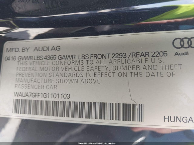 45651160 :رقم المزاد ، WAUA7GFF1G1101103 vin ، 2016 Audi A3 1.8t Premium مزاد بيع
