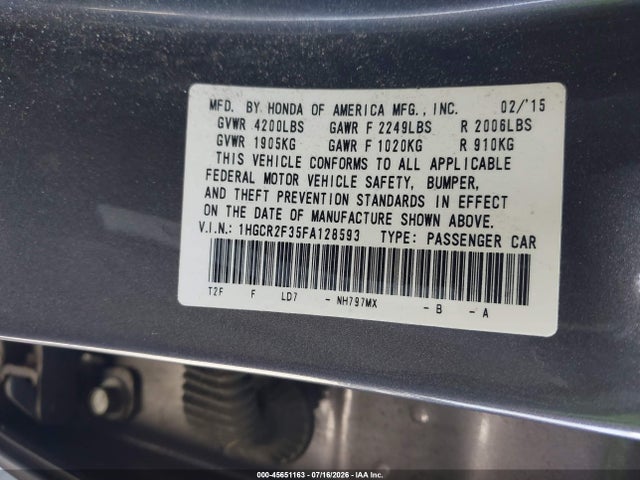 Honda ACCORD LX 2015 1HGCR2F35FA128593 Image 9