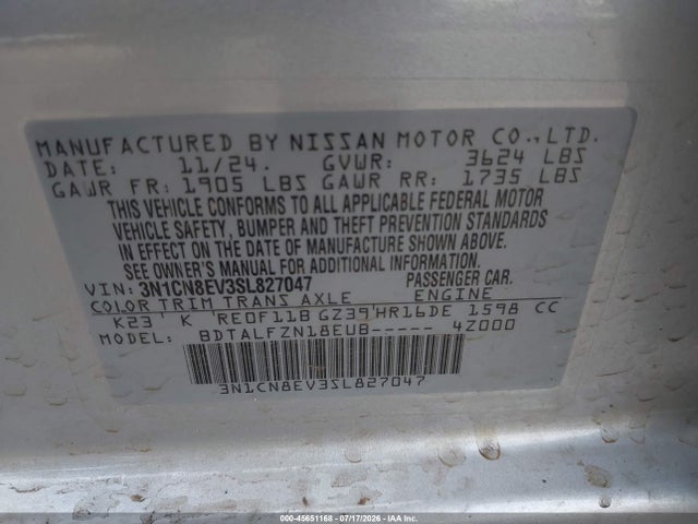 Продаж на аукціоні авто 2025 Nissan Versa 1.6 Sv, vin: 3N1CN8EV3SL827047, номер лоту: 45651168