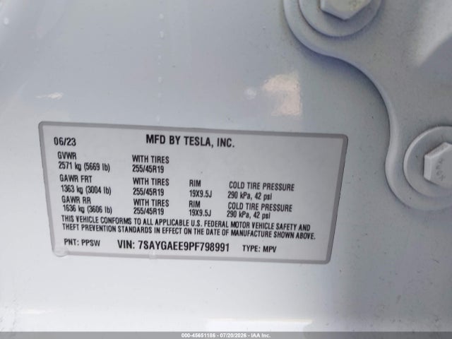 2023 Tesla Model Y Awd/long Range Dual Motor All-wheel Drive მანქანა იყიდება აუქციონზე, vin: 7SAYGAEE9PF798991, აუქციონის ნომერი: 45651186
