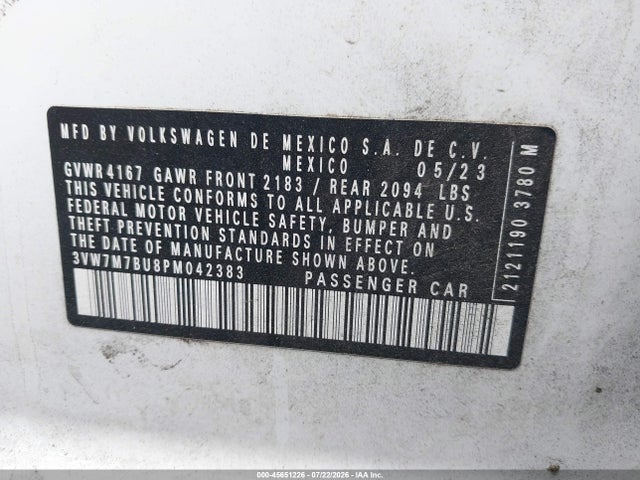 45651226 :رقم المزاد ، 3VW7M7BU8PM042383 vin ، 2023 Volkswagen Jetta 1.5t Se مزاد بيع