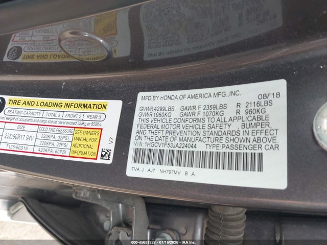 Продажа на аукционе авто 2018 Honda Accord Ex-l, vin: 1HGCV1F53JA224044, номер лота: 45651227