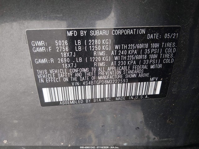 Aukcja sprzedaży 2021 Subaru Outback Touring Xt, vin: 4S4BTGPD8M3222593, numer aukcji: 45651242