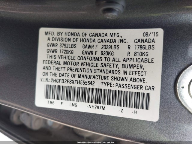 Honda CIVIC EX 2015 2HGFB2F8XFH555542 Image 9